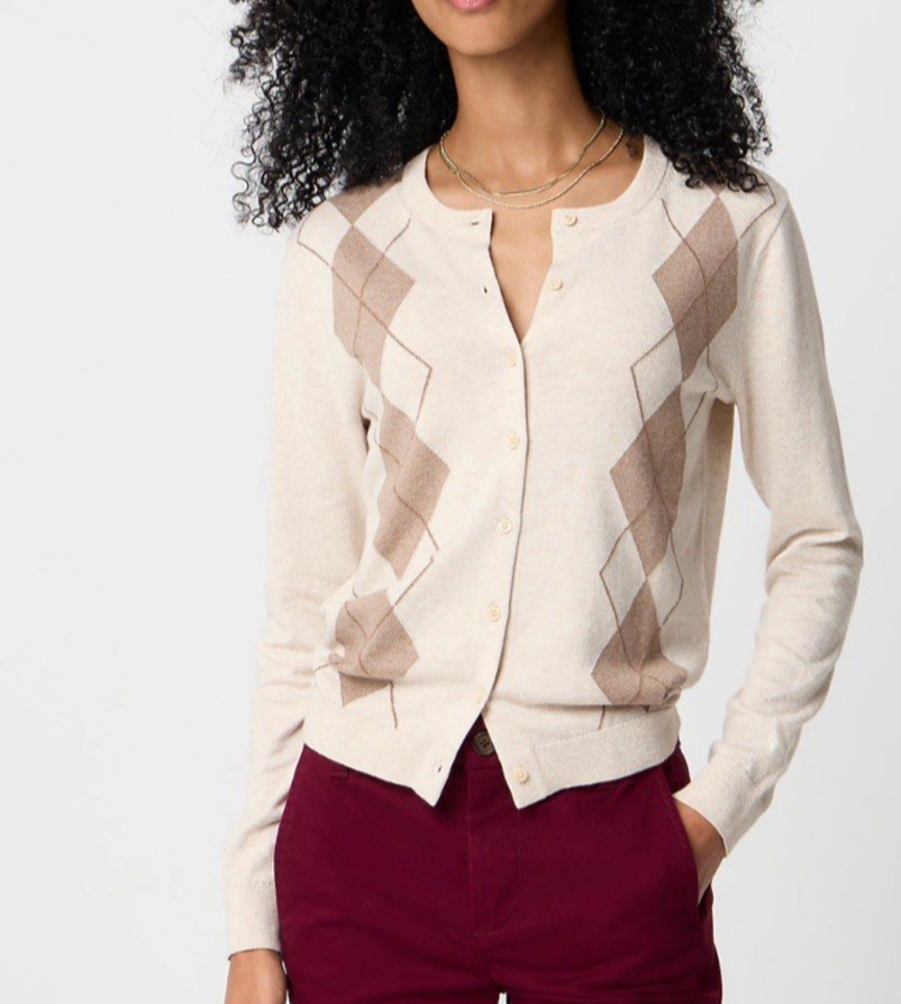 New J.Crew Cardigan Womens Large 100% Cotton Argyle Preppy Button Long Sleeve